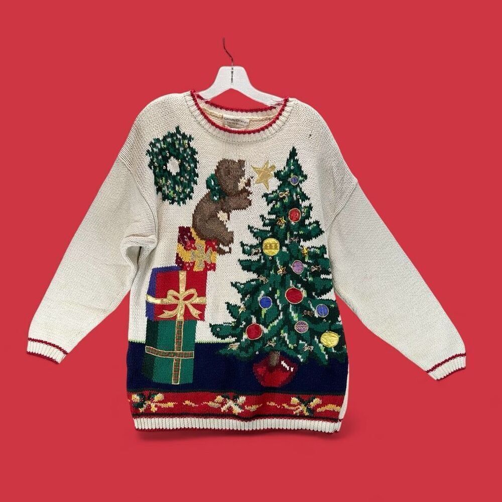 Vtg Casual Corner Christmas Sweater M Hand Knit Bear Tree Beaded Cottage Holiday - Picture 2 of 16